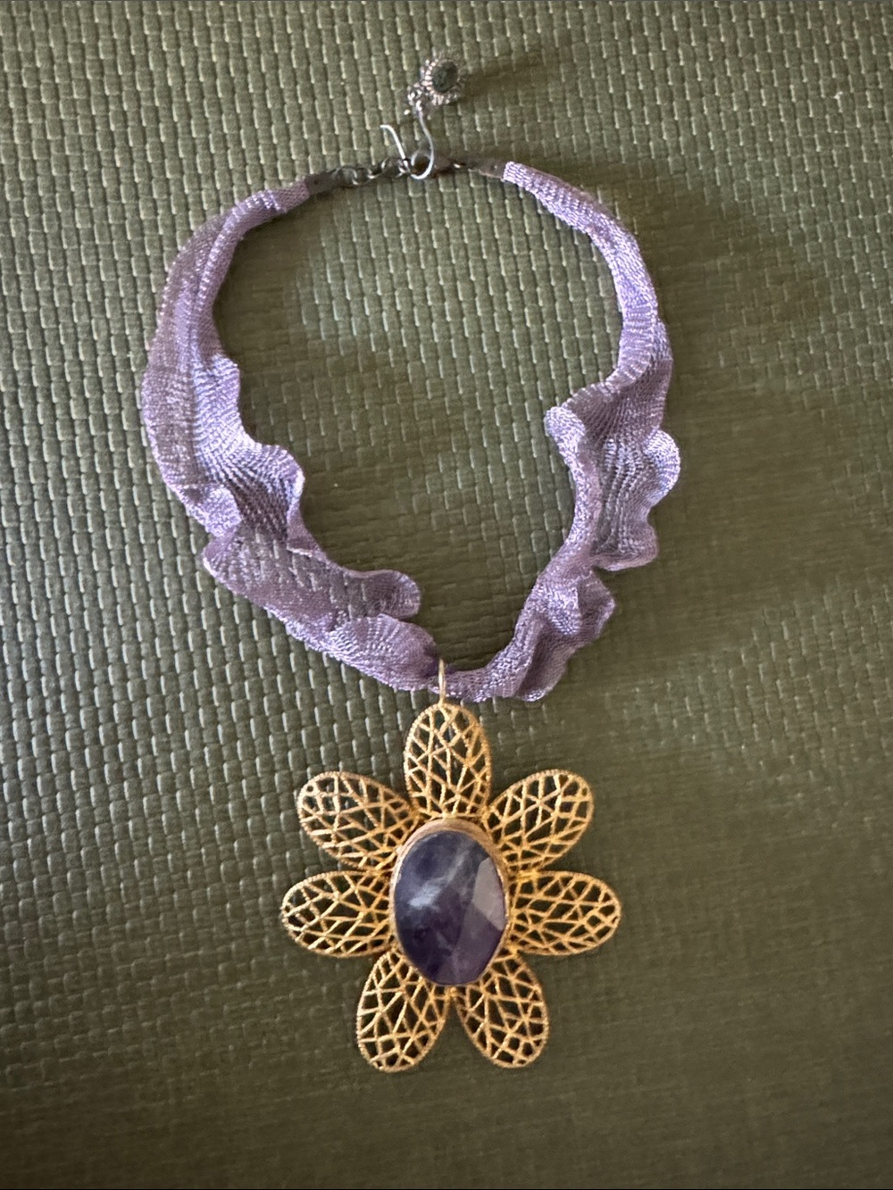 Purple Ribbon Necklace with Gold Filigree Flower Pendant